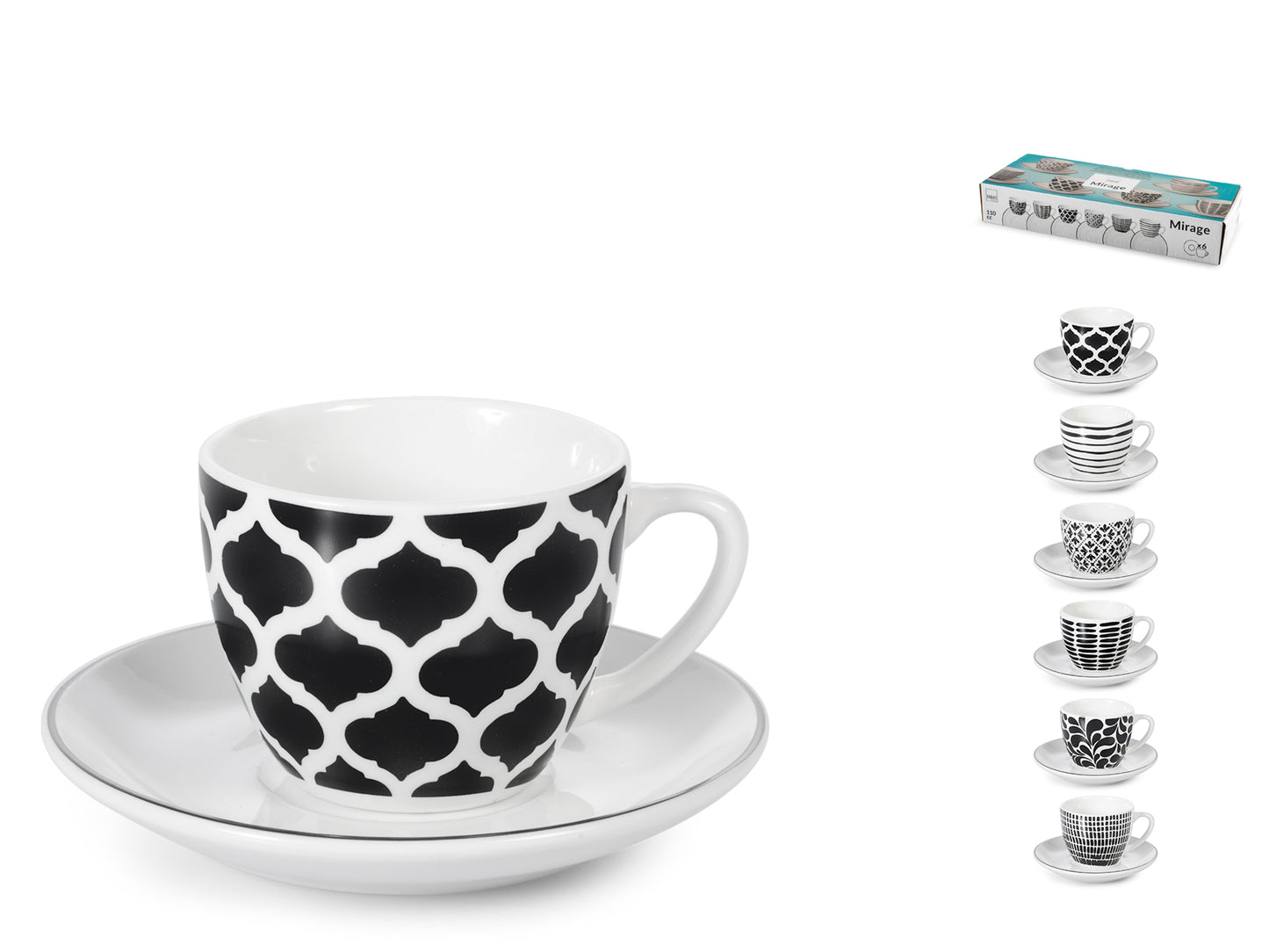 Set 6 Tazzine Caffè H&H Mirage 110cc con Piattino in Porcellana
