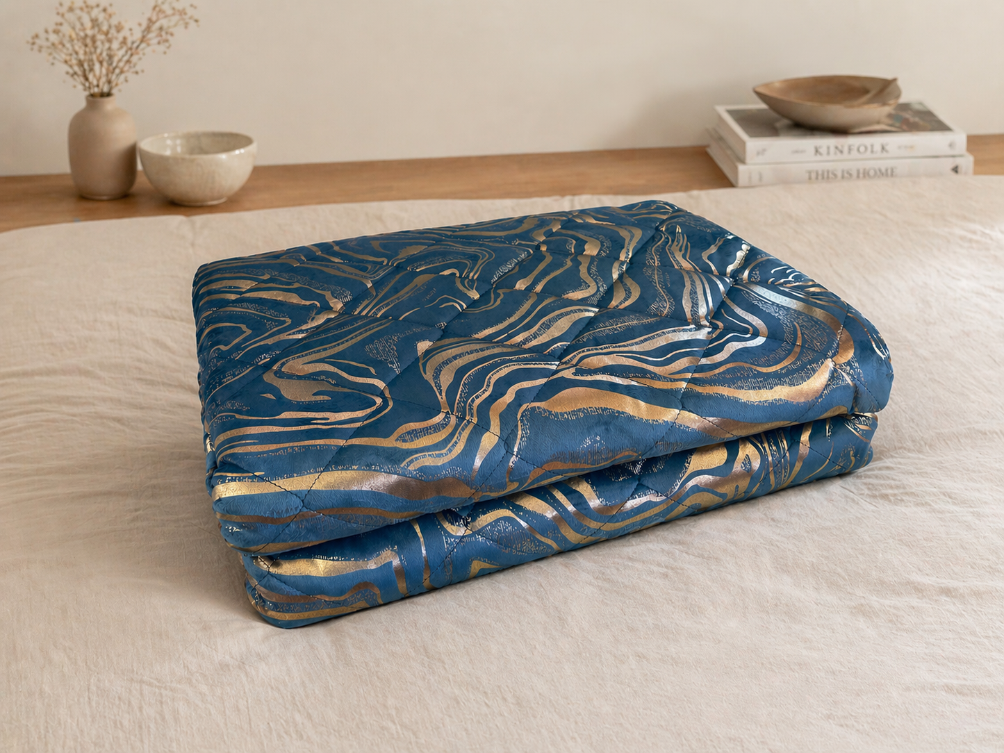 Trapuntino Matrimoniale 260x260 in Velluto Biancaluna Dune Azzurro Polvere