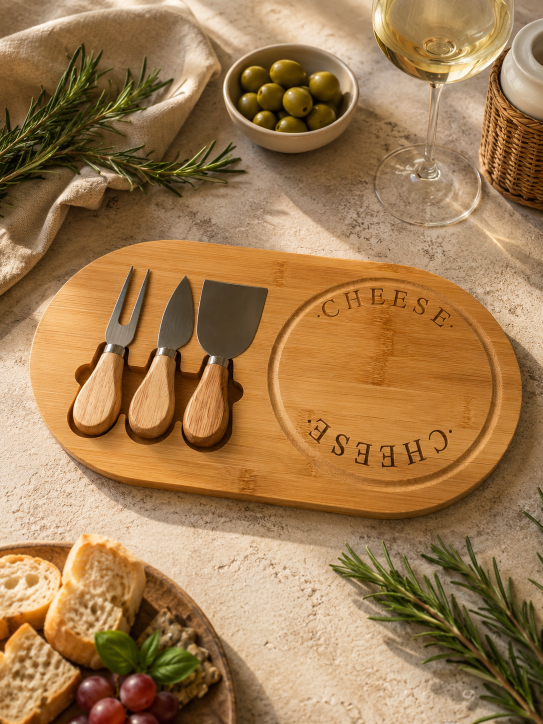 Tagliere in Bamboo per Formaggi con 3 Coltelli in Acciaio 33x18