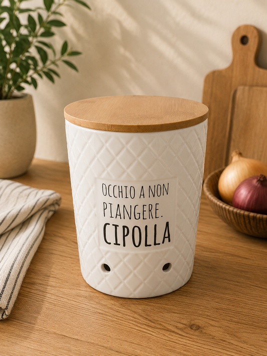 Porta Cipolla in Ceramica con Coperchio in Bambù Ø 16 x h 19,5cm