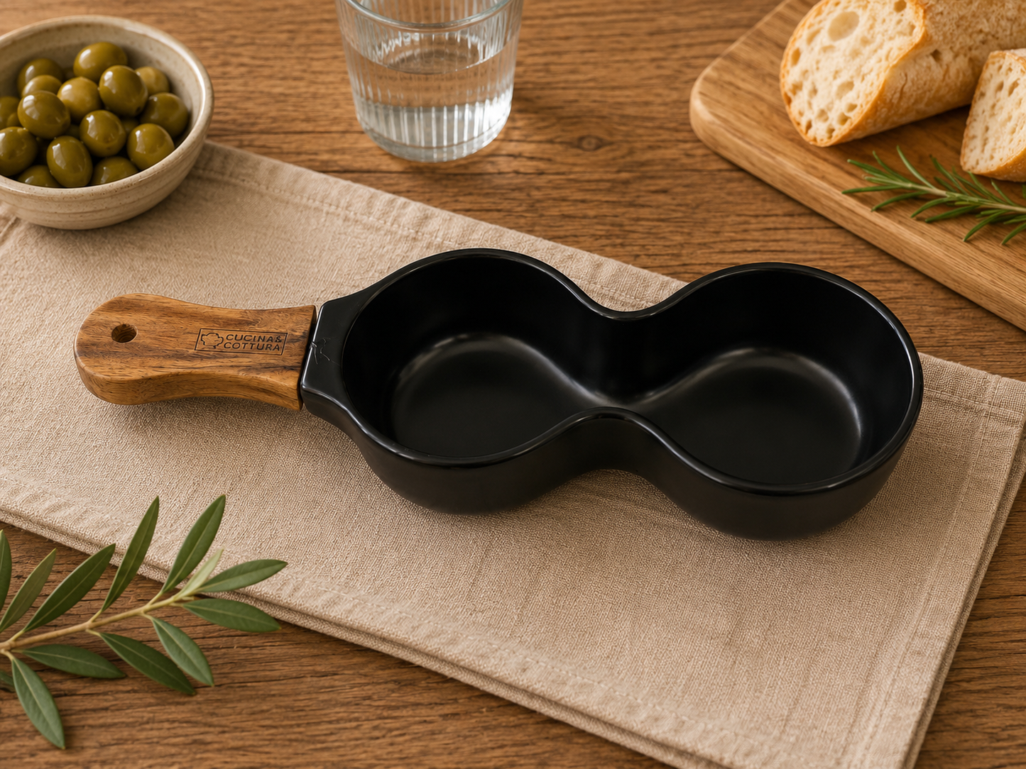 Ciotola Aperitivo Nera in Ceramica a 2 Scomparti con Manico in Legno 28,5 x 9cm