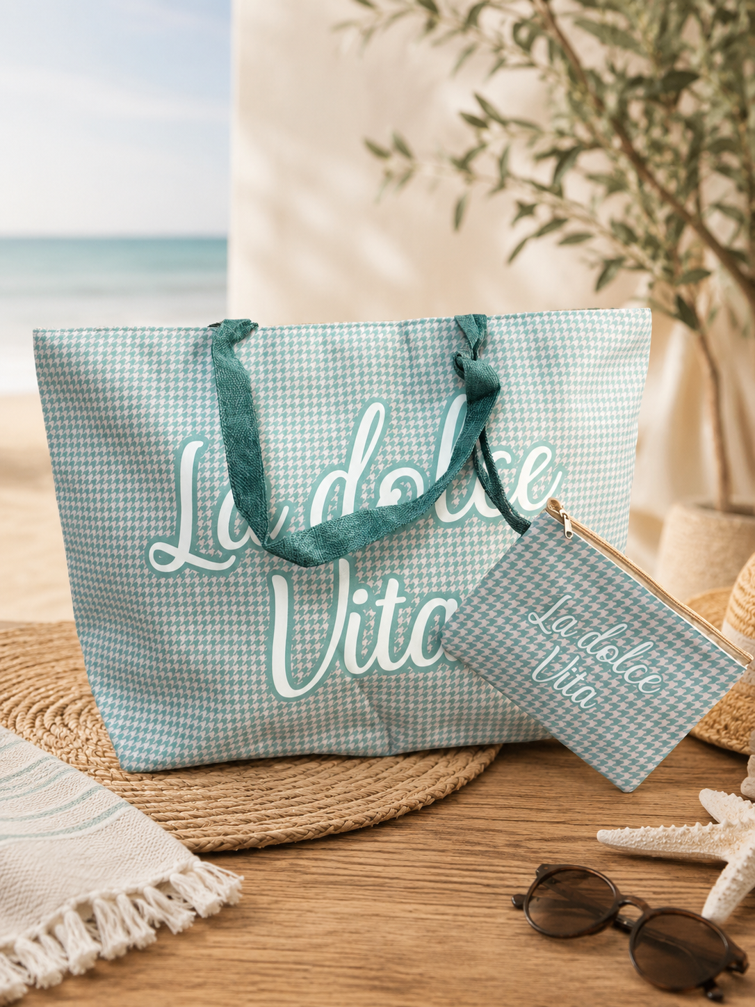 Borsa Mare con Pochette Coordinata e Frasi Simpatiche 58x18x h 38cm