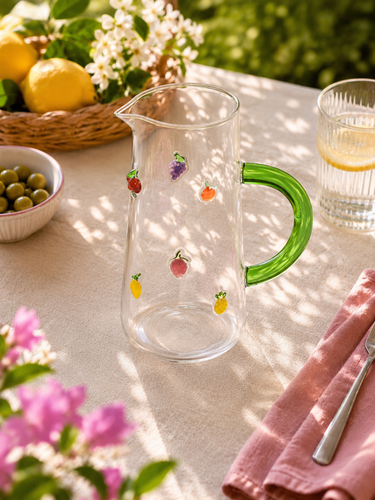 Caraffa H&H in Vetro Borosilicato 1.6 Lt con Decorazione Frutta | Manico Verde