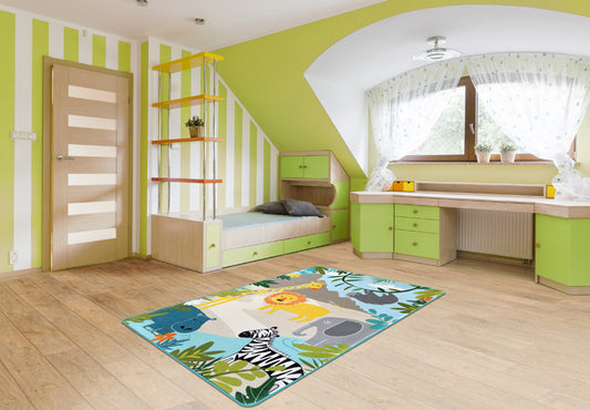 Tappeto Cameretta Bambini 100x150 cm Animali Savana Antiscivolo Morbido e Lavabile