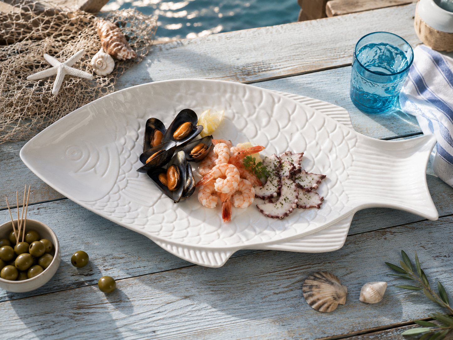 Vassoio in Ceramica Bianca a Forma di Pesce 47x22 cm