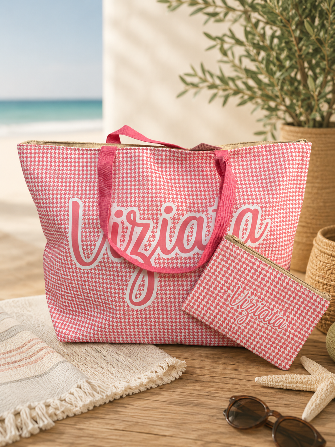 Borsa Mare con Pochette Coordinata e Frasi Simpatiche 58x18x h 38cm