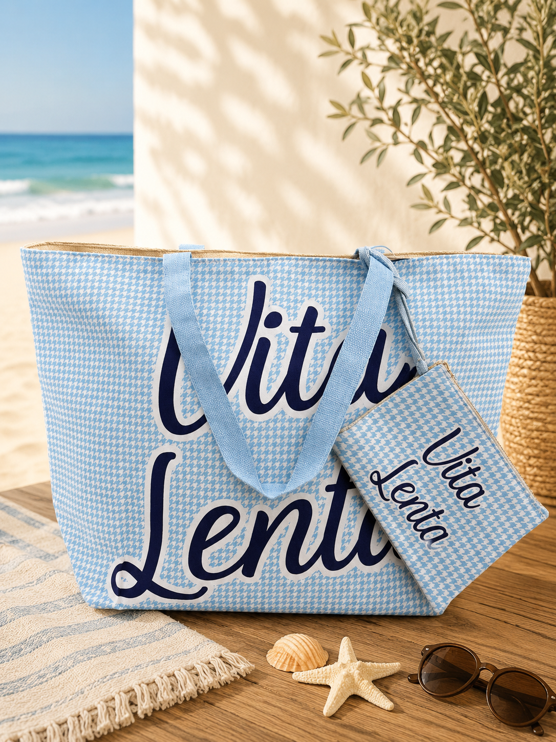 Borsa Mare con Pochette Coordinata e Frasi Simpatiche 58x18x h 38cm