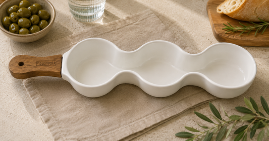 Ciotola Aperitivo in Ceramica Bianca a 3 Scomparti con Manico in Legno 39x9