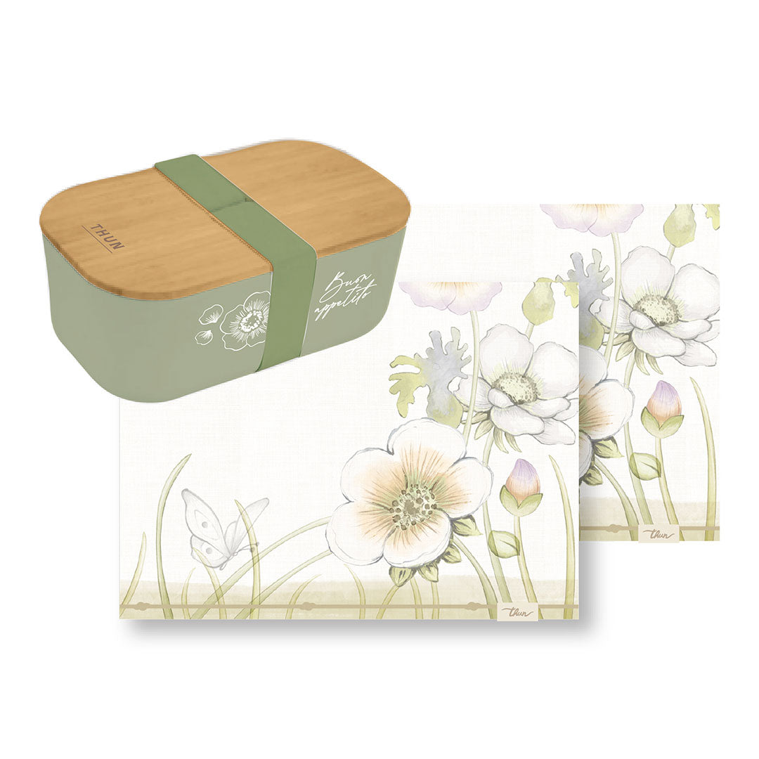 Set 2 Tovagliette Antimacchia THUN Bloom + Porta Pranzo con Coperchio in Bambù