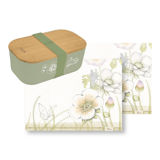 Set 2 Tovagliette Antimacchia THUN Bloom + Porta Pranzo con Coperchio in Bambù