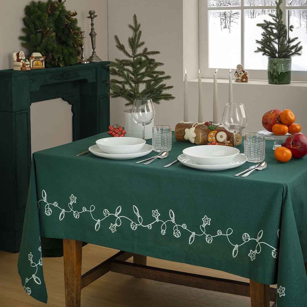 THUN Tovaglia Natalizia in Cotone e Lurex Lights Teal