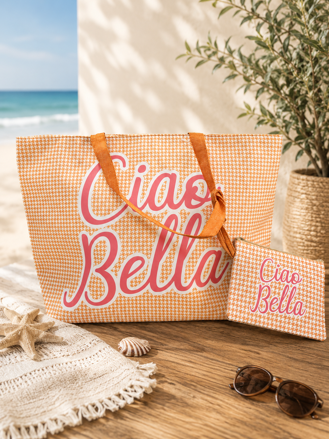 Borsa Mare con Pochette Coordinata e Frasi Simpatiche 58x18x h 38cm