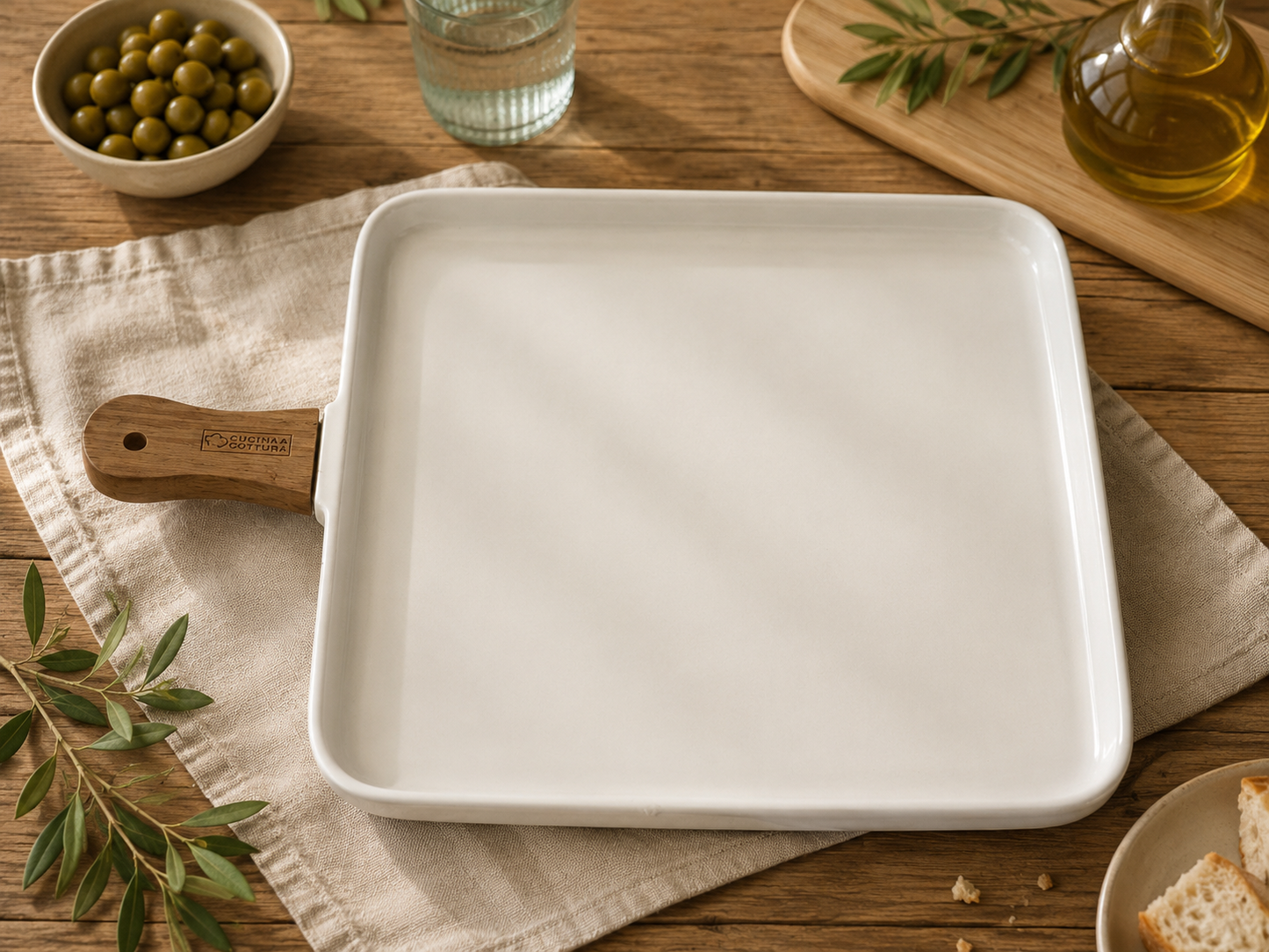 Vassoio Quadrato in Ceramica Bianca con Manico in Legno 34x25,5 x h 5cm