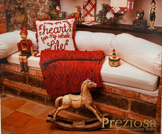 Coperta in maglia 1100gr con Lavorazione a Treccia e Pon-Pon Applicati Rosso