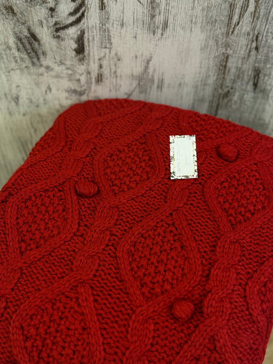 Coperta in maglia 1100gr con Lavorazione a Treccia e Pon-Pon Applicati Rosso