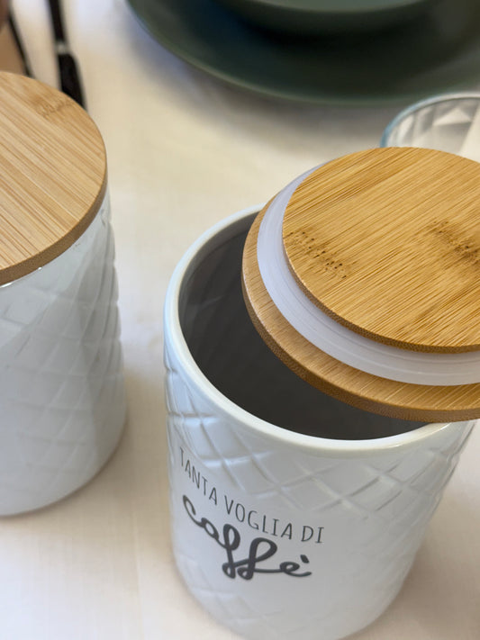 Tris Barattoli in Ceramica Con Coperchio in Legno