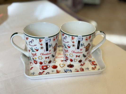 Set 2 Tazze Mug con Vassoio in Porcellana