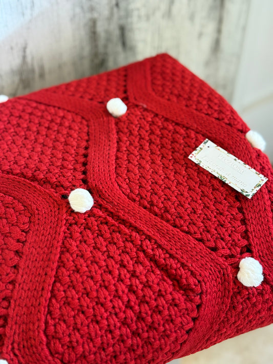 Coperta in Maglia 1600gr Tinta Unita con Pois Applicati e Nappe agli Angoli cm160x210