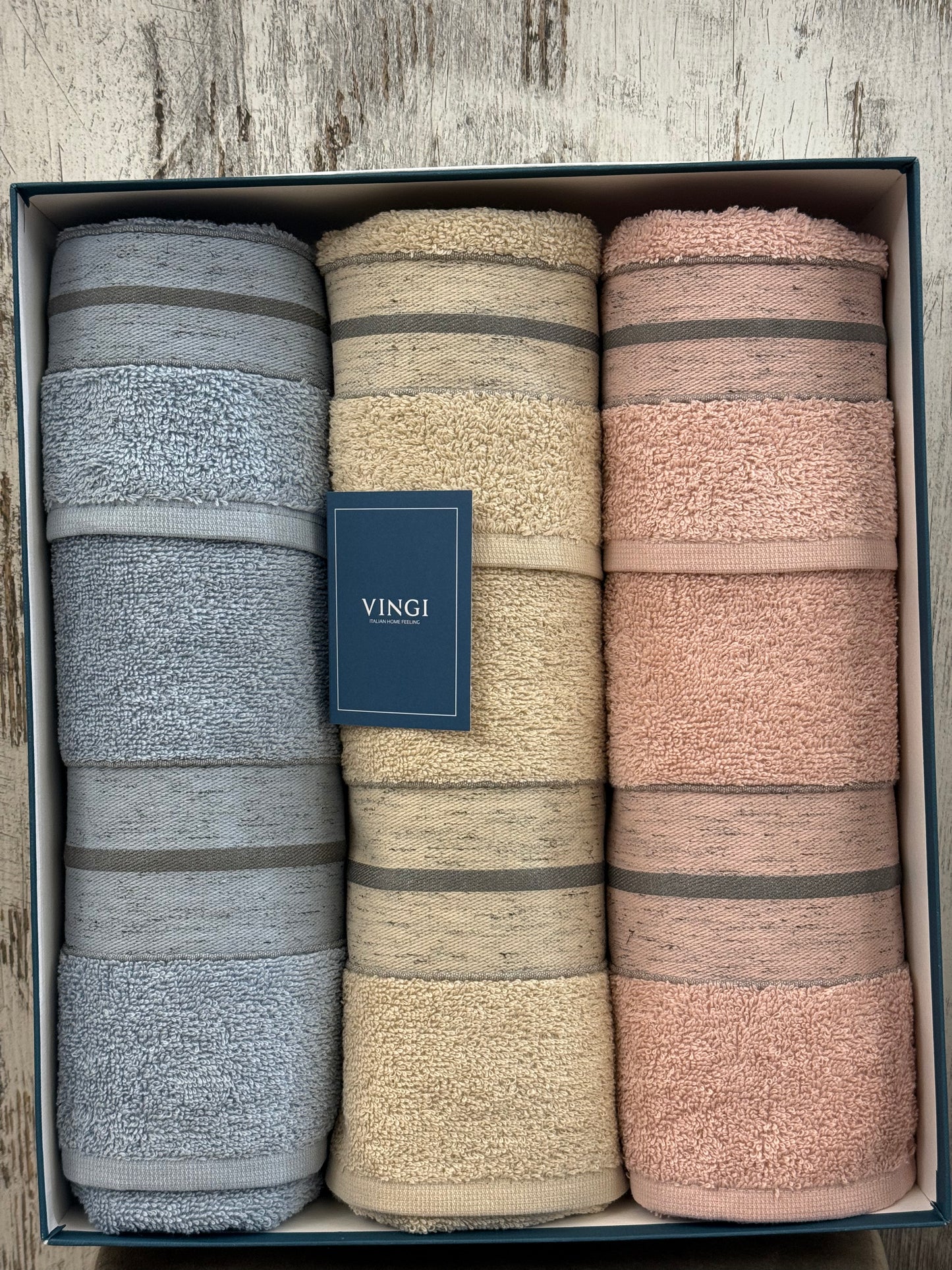 Set Asciugamani 3+3 in Spugna 100&% Cotone Vingi Boston