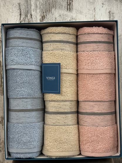 Set Asciugamani 3+3 in Spugna 100&% Cotone Vingi Boston