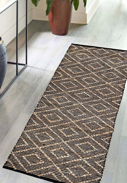 Tappeto in Juta e Cotone con Disegno Geometrico 60x110-Intrecciato a Mano I Juta J23B