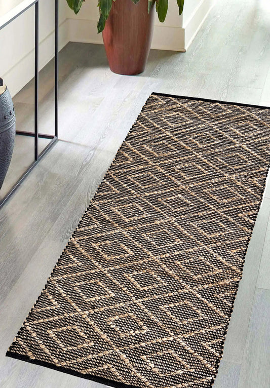 Tappeto in Juta e Cotone con Disegno Geometrico 60x110-Intrecciato a Mano I Juta J23B