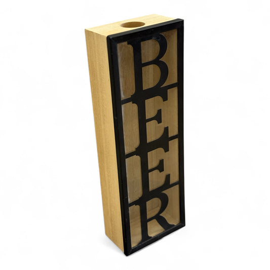 Porta Tappi Birra in MDF,Ferro e Vetro cm12x6,5x35 Idea Regalo