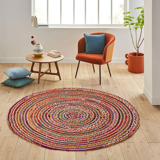 Tappeto Rotondo in Juta e Cotone Multicolore-Intrecciato a Mano ø110cm I Juta 410