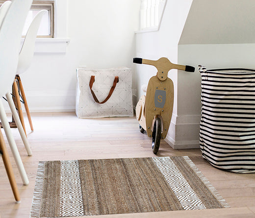 Tappeto in Juta e Cotone Naturale con Fascia Geometrica Bianca 80x150-Intrecciato a Mano Juta 182