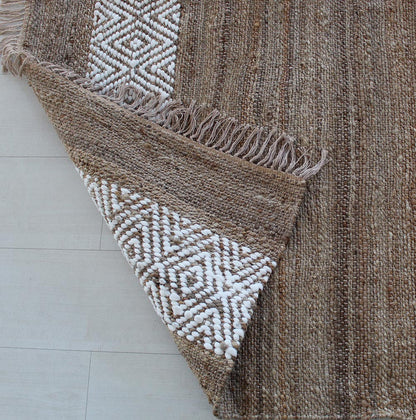 Tappeto in Juta e Cotone Naturale con Fascia Geometrica Bianca 80x150-Intrecciato a Mano Juta 182