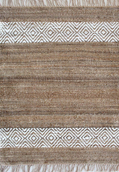 Tappeto in Juta e Cotone Naturale con Fascia Geometrica Bianca 80x150-Intrecciato a Mano Juta 182