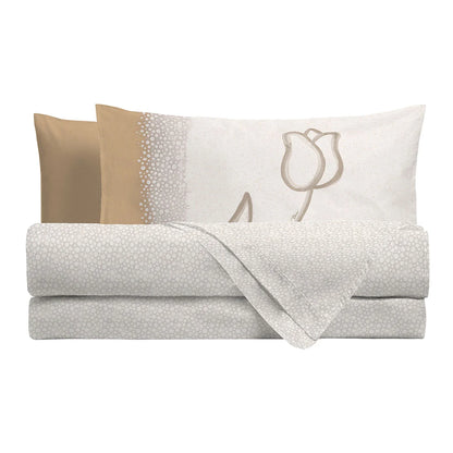 Lenzuola Matrimoniali Thun Pure Elegance Beige Fantasia Tulipani | 100% Cotone
