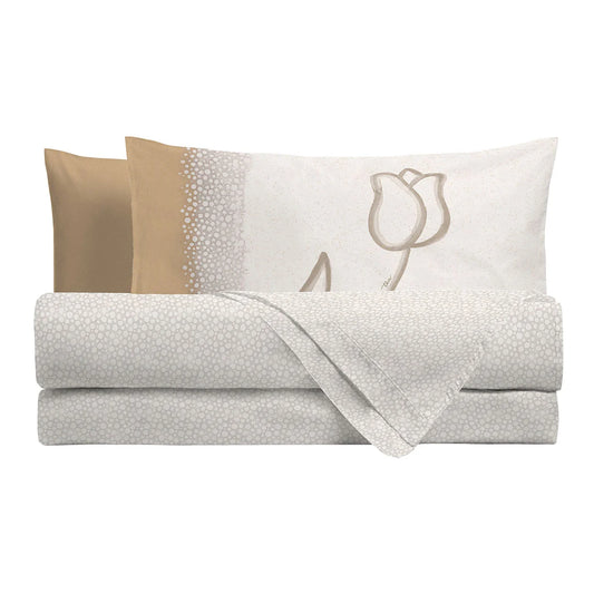 Lenzuola Matrimoniali Thun Pure Elegance Beige Fantasia Tulipani | 100% Cotone